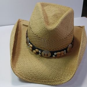 Beige Straw Cowboy Hat with Beaded Accent